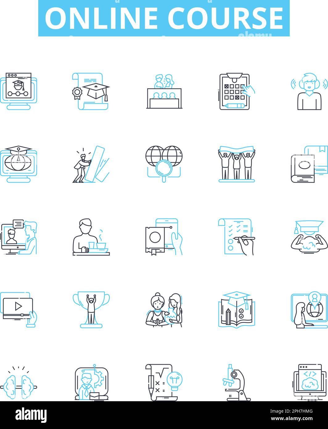 Set di icone linea vettoriale del corso online. ELearning, webinar, tutorial, MOOC, formazione, Workshop, illustrazione delle certificazioni delineano i simboli dei concetti e. Illustrazione Vettoriale