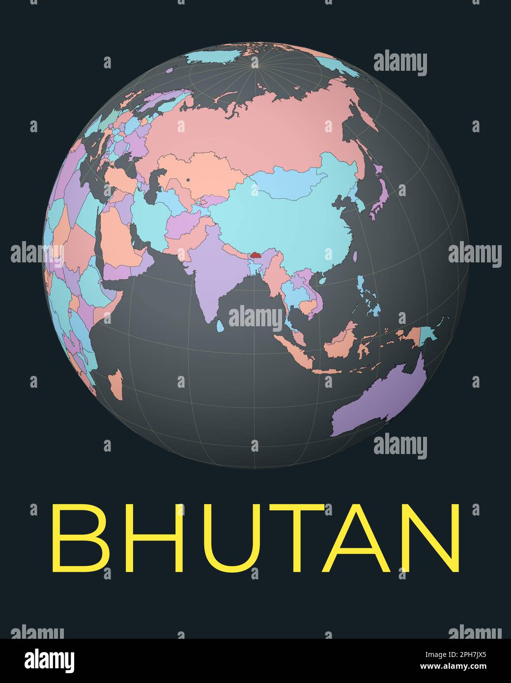 Mappa del mondo incentrata sul Bhutan. Paese evidenziato in rosso. Visione satellitare del mondo incentrata sul paese con il nome. Illustrazione vettoriale. Illustrazione Vettoriale