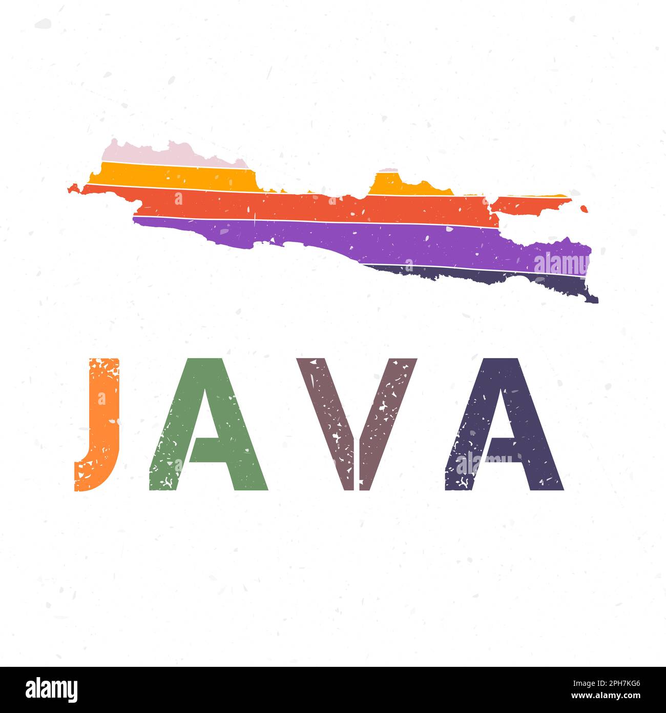 Progettazione di mappe Java. Forma dell'isola con splendide onde geometriche e texture grunge. Illustrazione vettoriale VIBRANT. Illustrazione Vettoriale