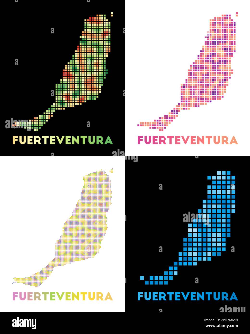 Mappa di Fuerteventura. Collezione di mappe di Fuerteventura in stile punteggiato. Bordi dell'isola pieni di rettangoli per il tuo progetto. Illustrazione Vettoriale