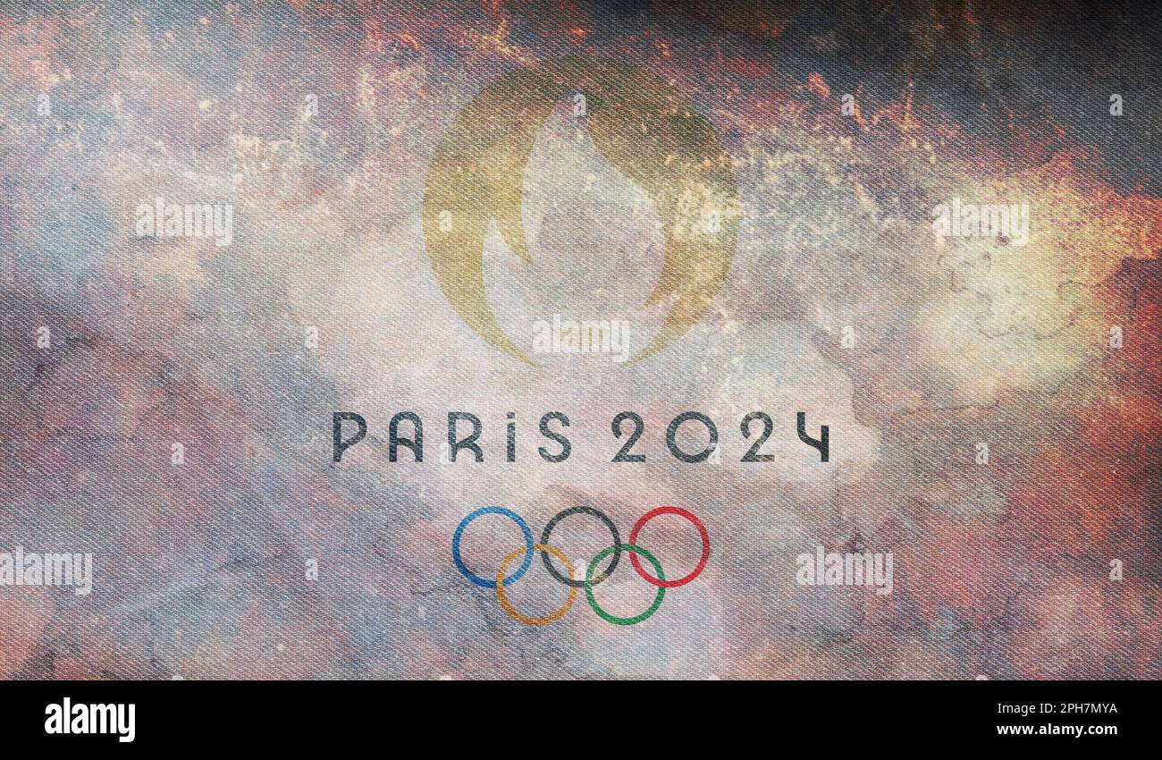 PARIGI, FRANCIA, marzo 2023: Vista dall'alto della bandiera dei giochi olimpici francesi 2024 con texture grunge. nessun flagpole. Progettazione del piano, layout. Logo ufficiale di SOG Foto Stock