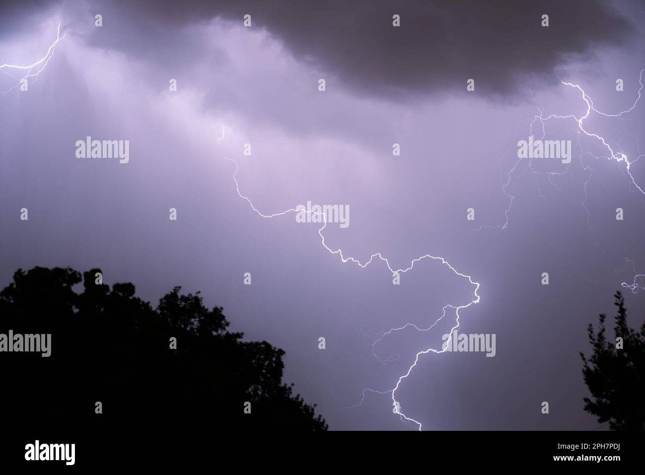 Tuono con le nuvole sopra e gli alberi di silhouette nera sotto Foto Stock