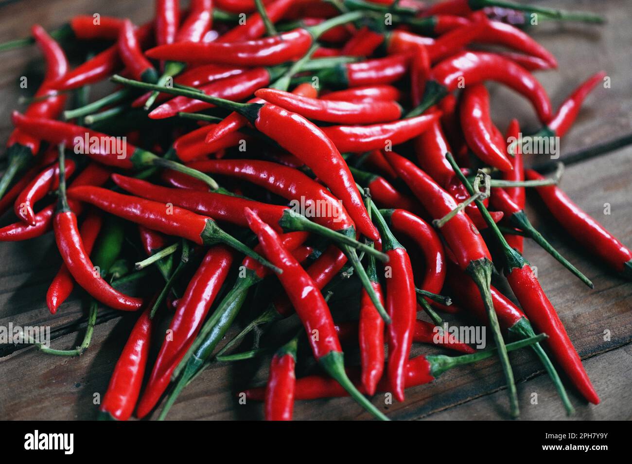 Peperoncino, peperoncino rosso caldo su fondo di legno. Primo piano gruppo di peperoncino rosso maturo - vista dall'alto Foto Stock