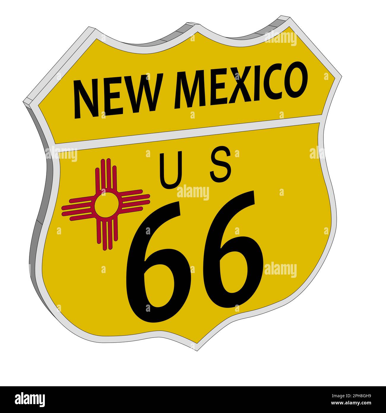 Cartello stradale della Route 66 su sfondo bianco e il nome dello stato New Mexico e la bandiera nel 3D Foto Stock