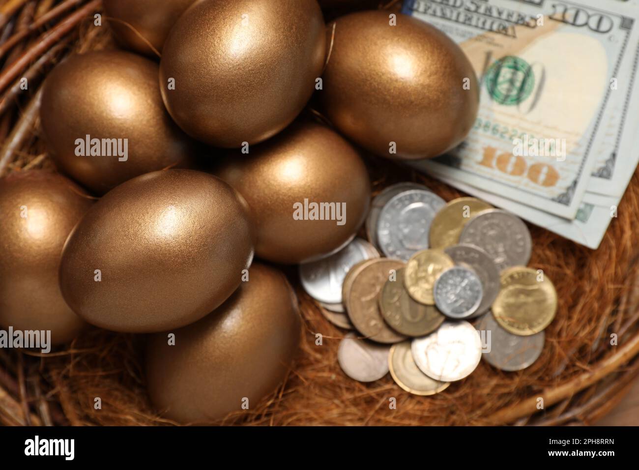 Uova d'oro e soldi in nido, sopra la vista. Concetto di pensione Foto Stock