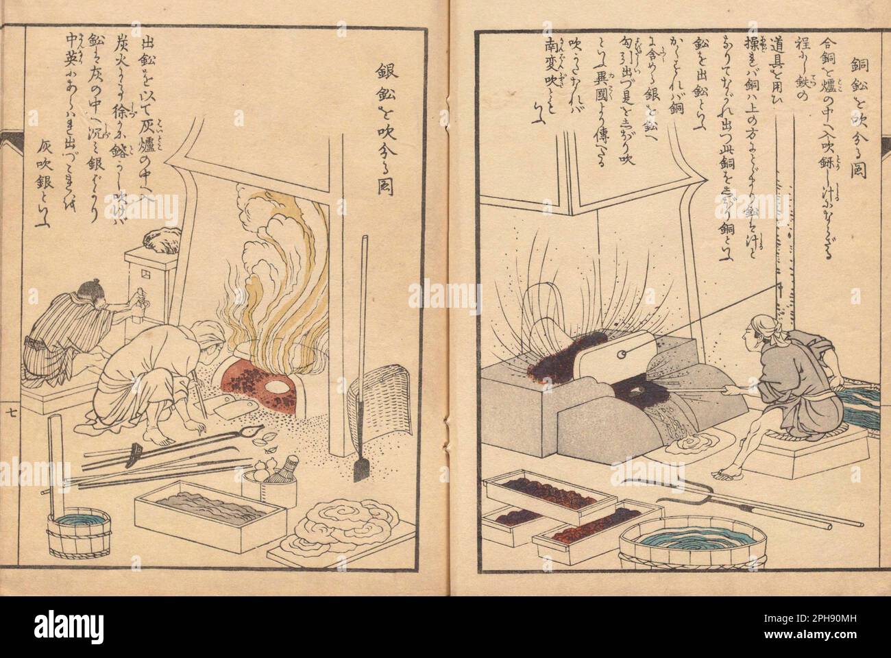 Illustrazioni da 'Kodouzuroku', redattore Masuda Kou (1769-1821) , artista Niwa Toukei (1760-1822), fondato nel 1811-1816. Mostra tecniche di raffinazione del rame. Nanbanbuki destro (separazione del rame che include argento e piombo), gin Haibuki sinistro (separazione dell'argento e del piombo) Foto Stock