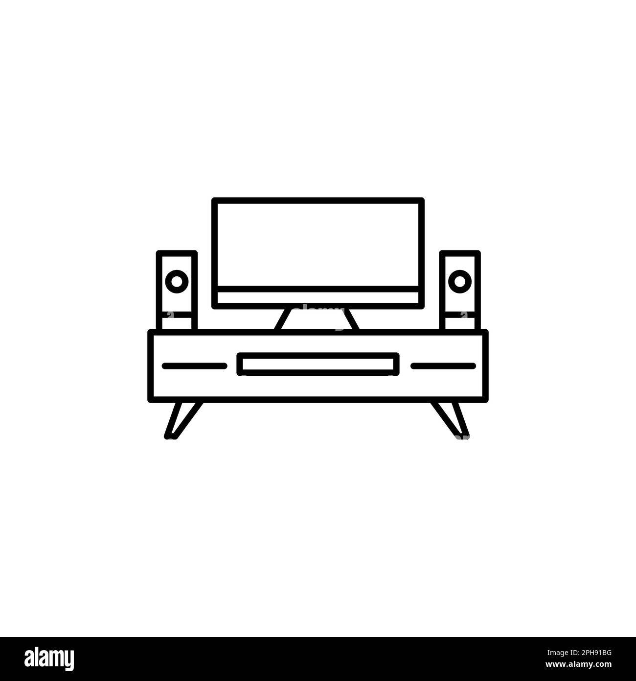 TV, icona linea home theater, segnale vettoriale contorno, pittogramma lineare isolato su bianco. Simbolo, illustrazione del logo Illustrazione Vettoriale