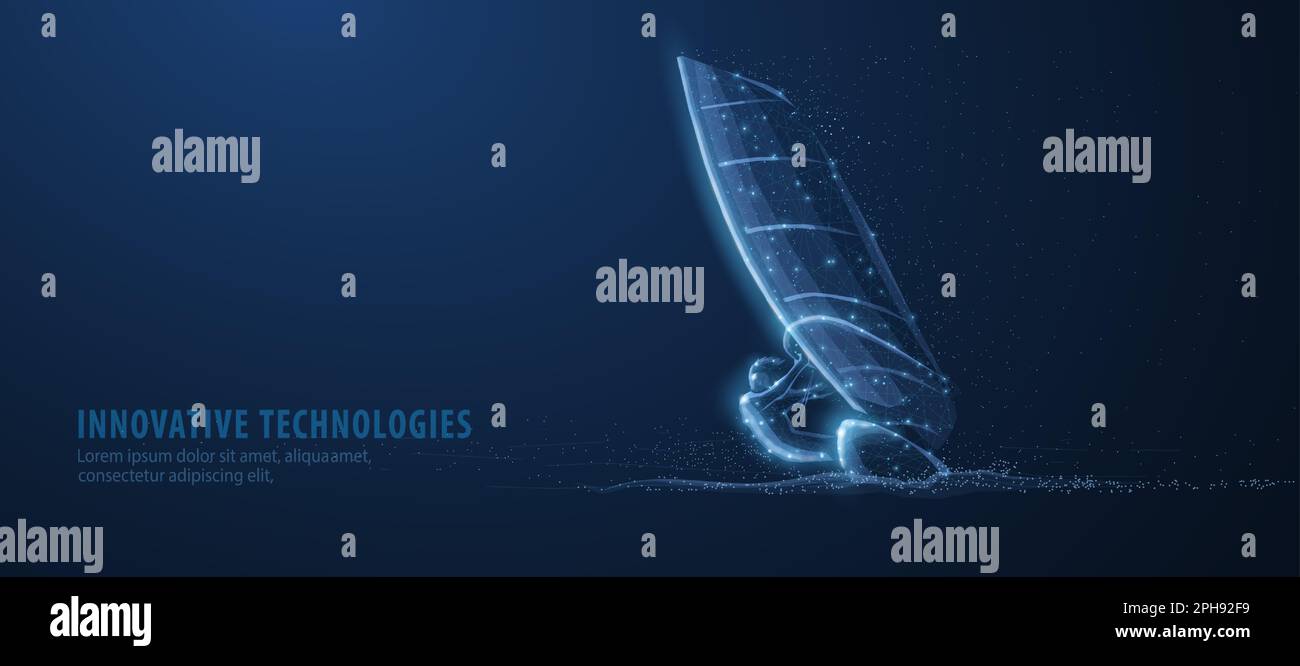 Windsurf. Uomo a vela surf sul mare. Sport estremi, vela windsurf, vacanza sull'oceano, avventura all'aperto, riposo divertente, velocità e. Illustrazione Vettoriale