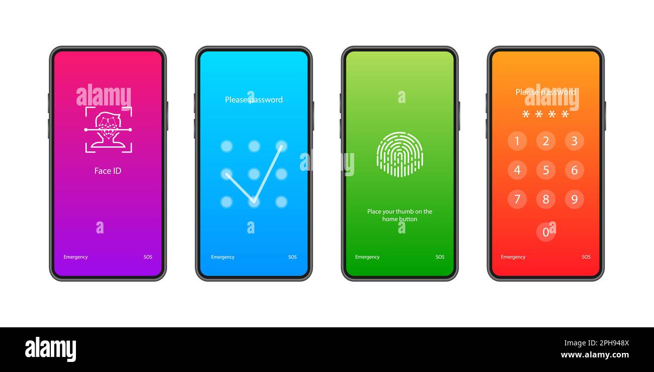 Smartphone con interfaccia per la schermata di blocco con codice di accesso. Protezione dello smartphone e dei dati personali da accessi non autorizzati Illustrazione Vettoriale