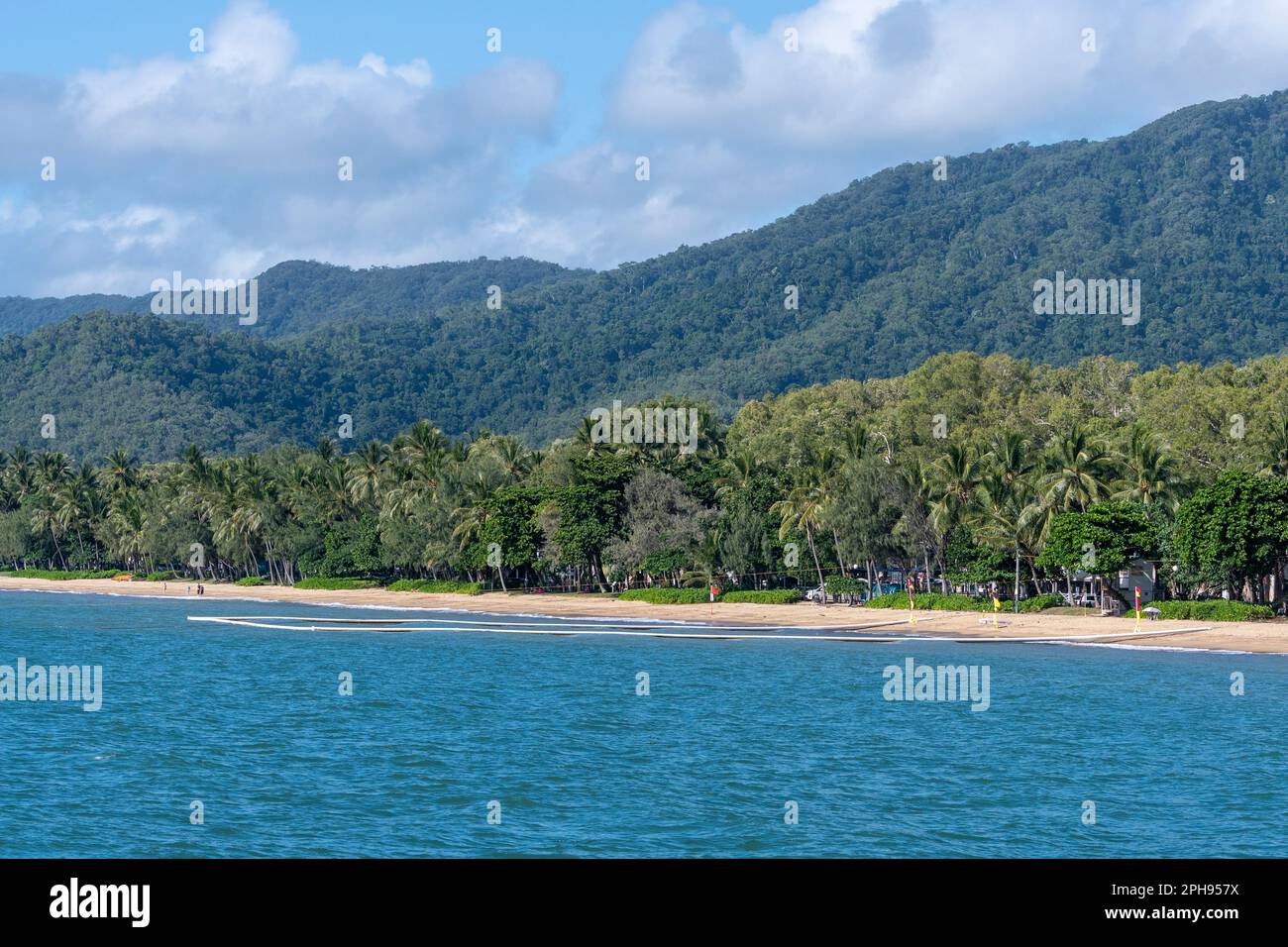 Vista panoramica della costa tropicale e della spiaggia di Palm Cove, Cairns Northern Beaches, far North Queensland, FNQ, QLD, Australia Foto Stock