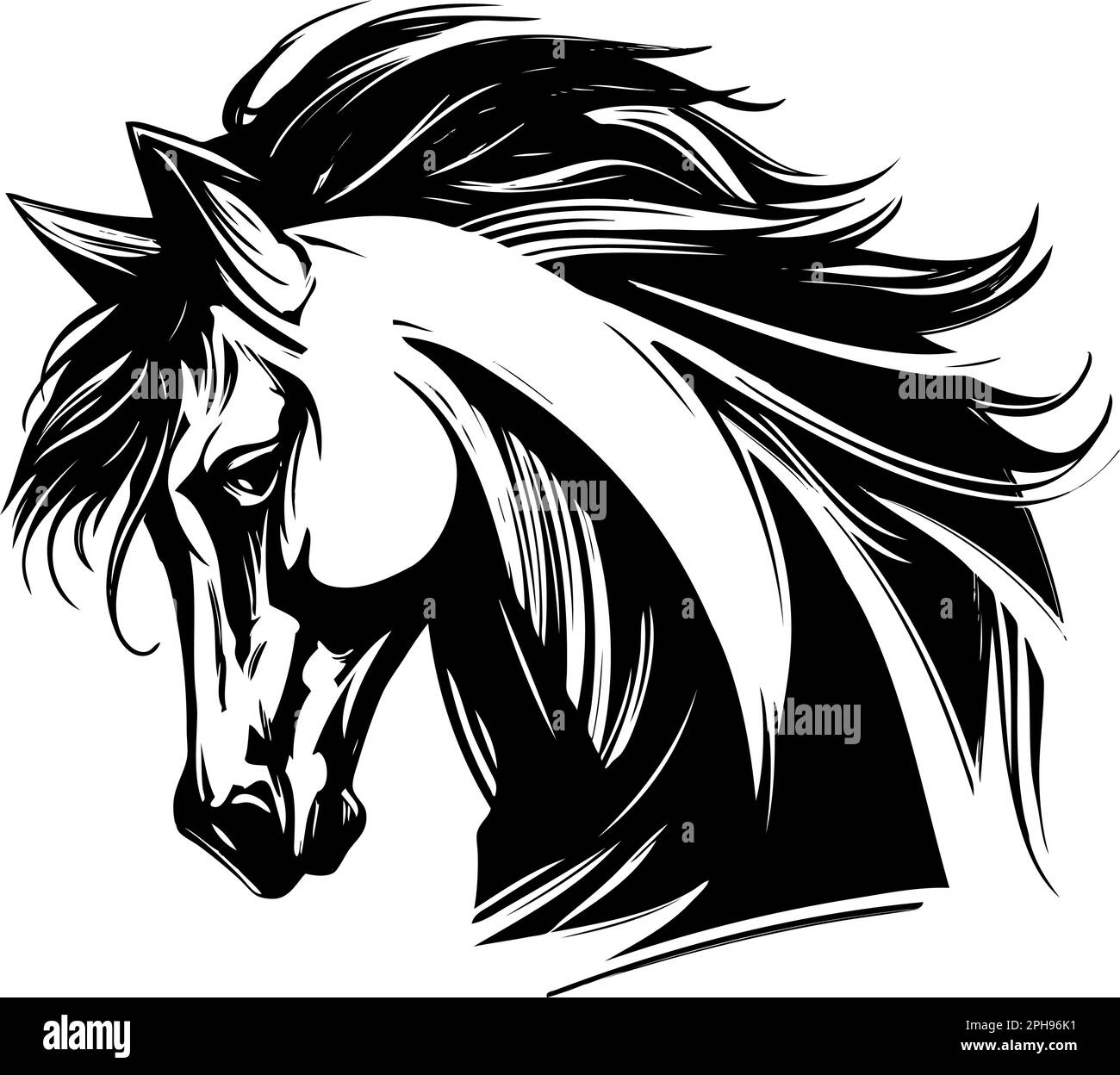 cavallo, logo testa di cavallo, disegno a mano vettoriale disegno realistico. Illustrazione Vettoriale