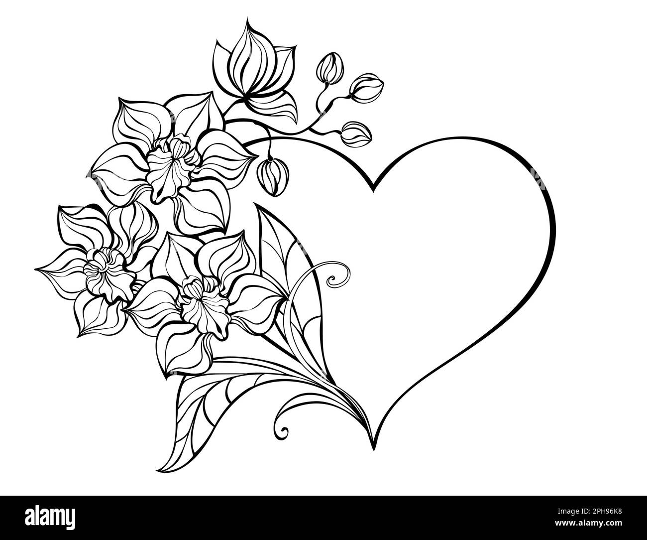 Cornice a forma di cuore, decorata con contorno, ramo artisticamente disegnato di un'orchidea su sfondo bianco. Colorazione. Disegno artistico di un'orca Illustrazione Vettoriale
