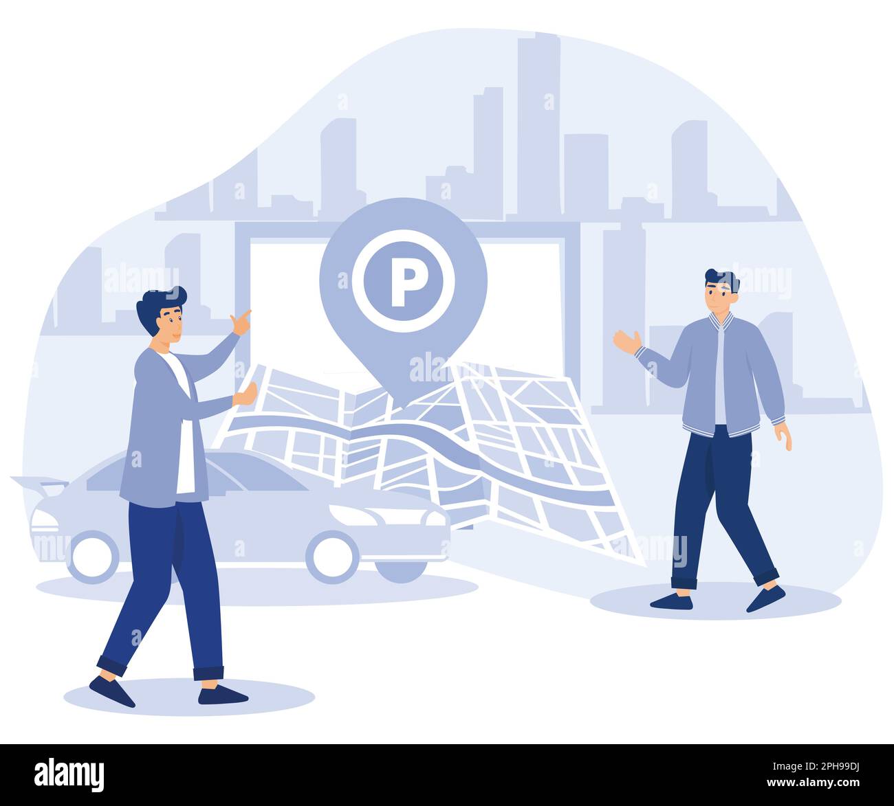 Concetto di auto nell'area parcheggio. Persone piccole che cercano un parcheggio, parcheggiare l'automobile. disegno vettoriale piatto moderno Illustrazione Vettoriale