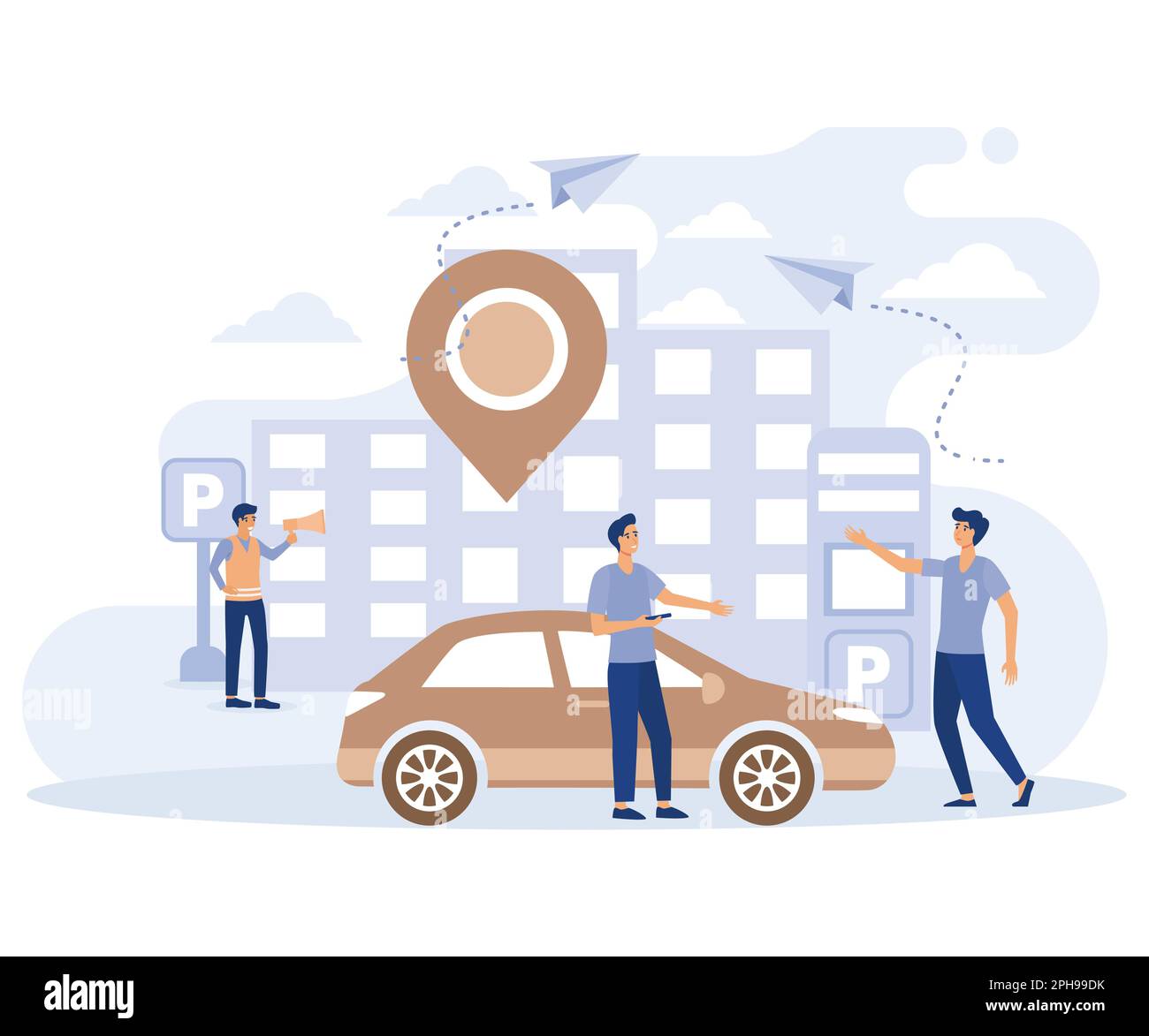 Concetto di auto nell'area parcheggio. Persone piccole che cercano un parcheggio, parcheggiare l'automobile. disegno vettoriale piatto moderno Illustrazione Vettoriale