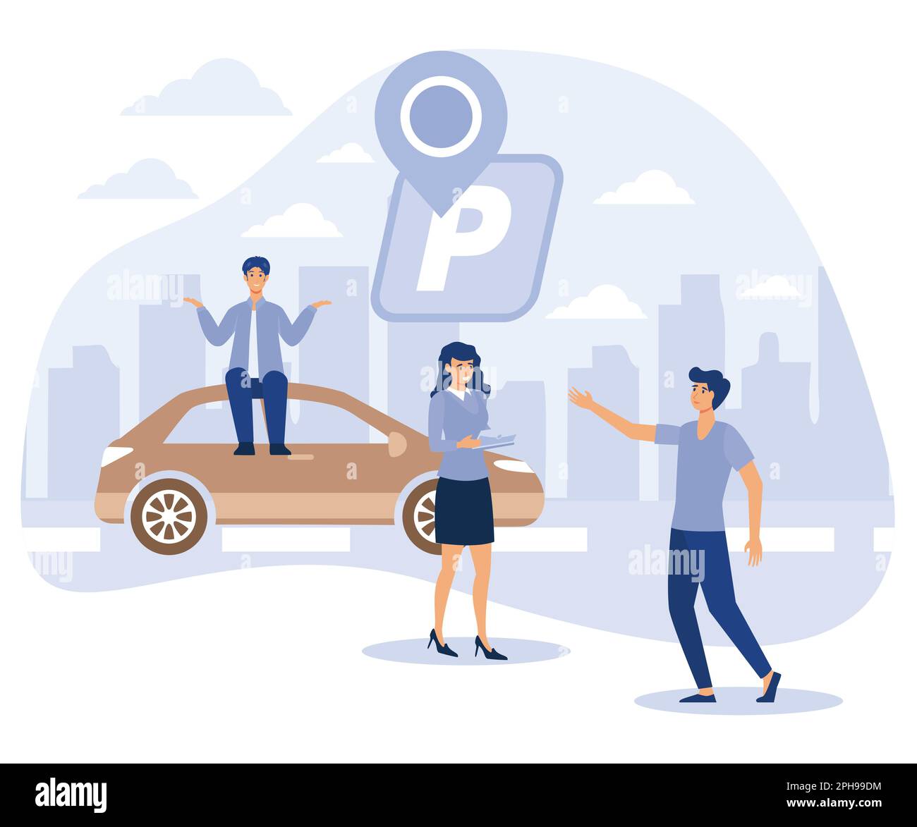 Concetto di auto nell'area parcheggio. Persone piccole che cercano un parcheggio, parcheggiare l'automobile. disegno vettoriale piatto moderno Illustrazione Vettoriale