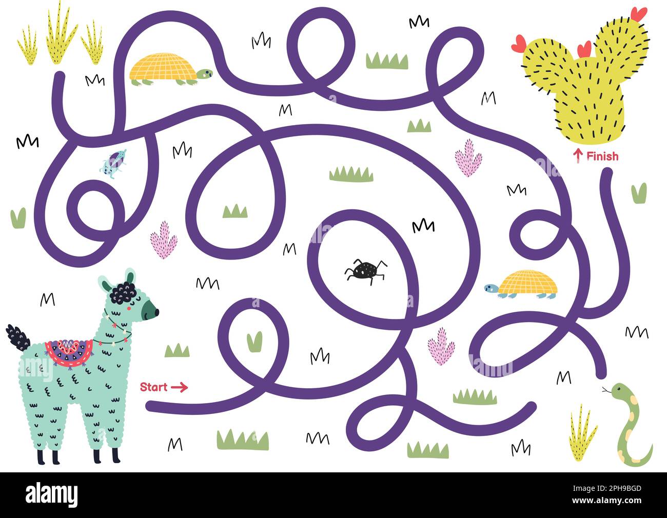 Puzzle labirinto per bambini. Guida simpatico lama trovare il modo di cactus. Pagina attività Illustrazione Vettoriale