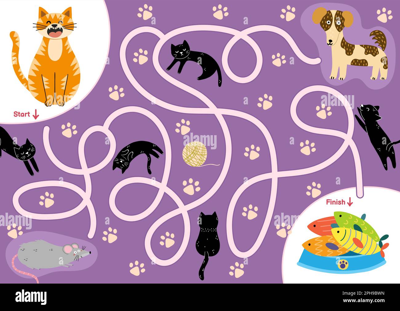 Puzzle labirinto per bambini. Aiuto carino gatto trovare il modo di alimentare. Pagina attività Illustrazione Vettoriale