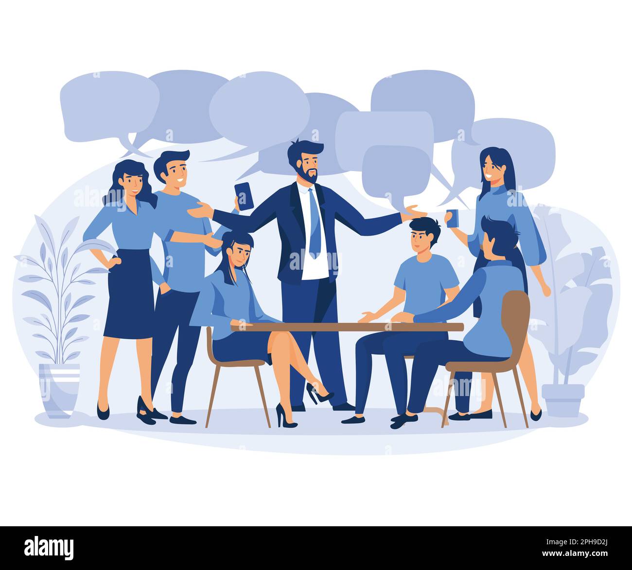 Discussione, conversazione con le bolle del discorso, brainstorming per idea, riunione del concetto di opinione, discussione del lavoro nell'incontro e colloquio con le bolle del discorso Illustrazione Vettoriale