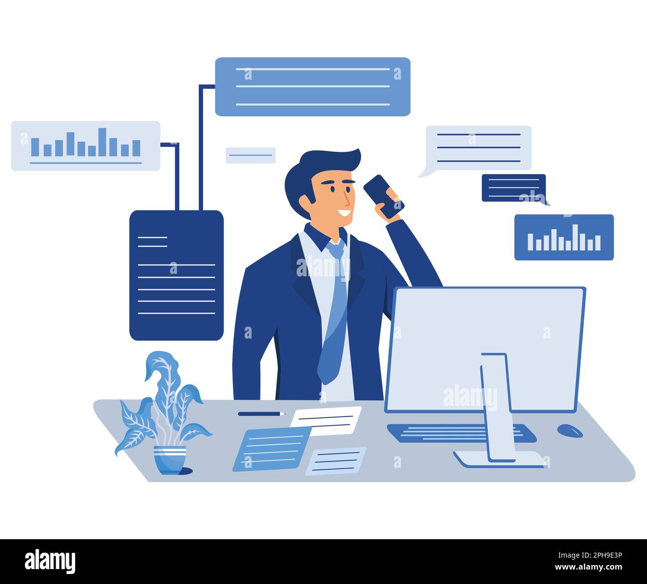 Manager che parla con il cliente durante una telefonata aziendale. Lavoro, comunicazione con il cliente tramite cellulare. L'agente di vendita parla su smartphone. mod. vettore piatto Illustrazione Vettoriale