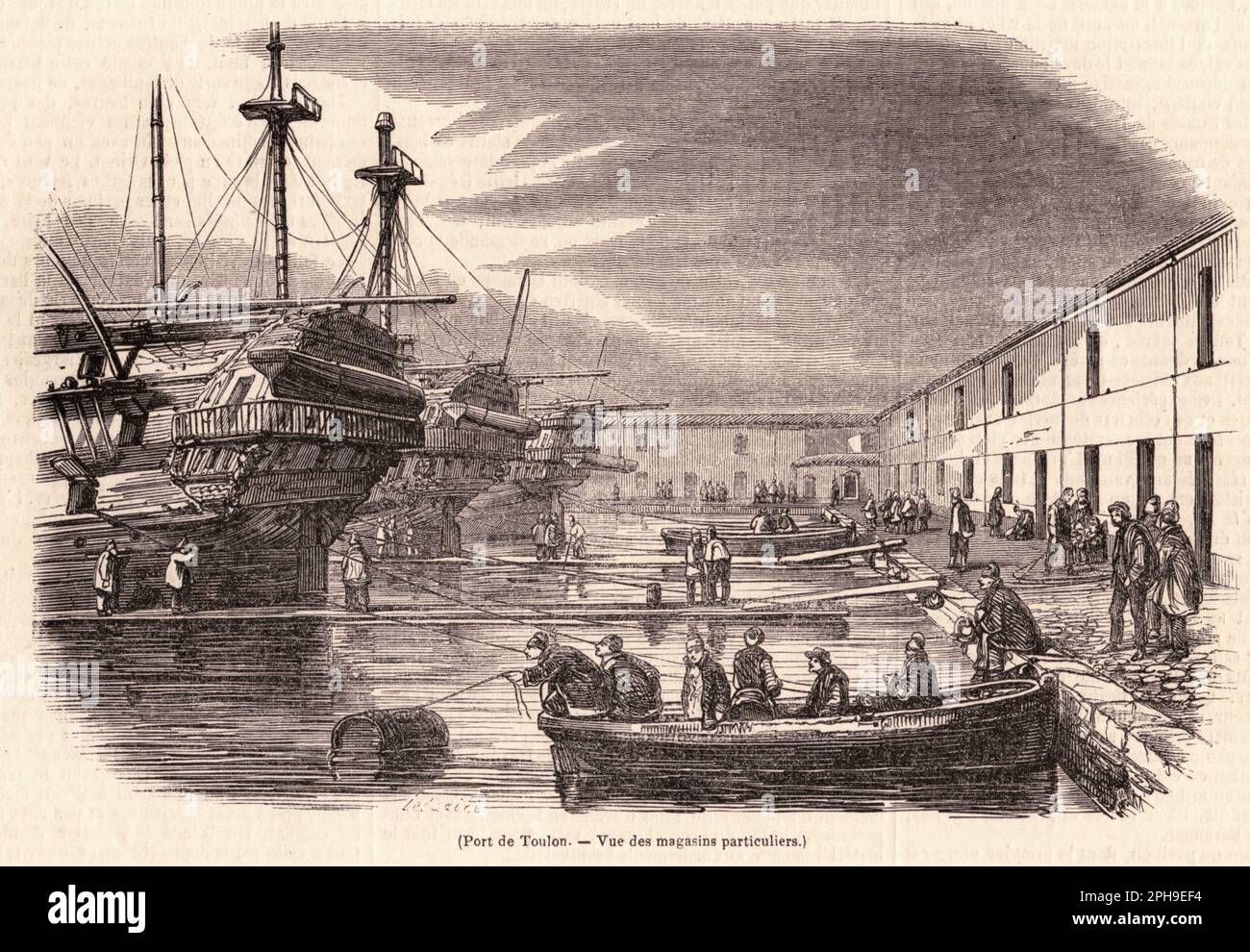 magasins particuliers du port de Toulon vers 1860, secondo Impero Foto Stock