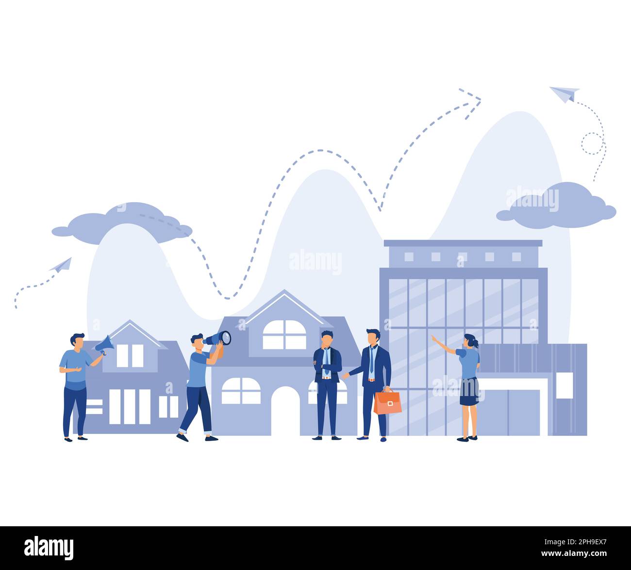 Concetto di business immobiliare con case, mercato immobiliare in crescita, aumentando il valore delle case e metri quadrati, vettore appartamento moderno illustratio Illustrazione Vettoriale