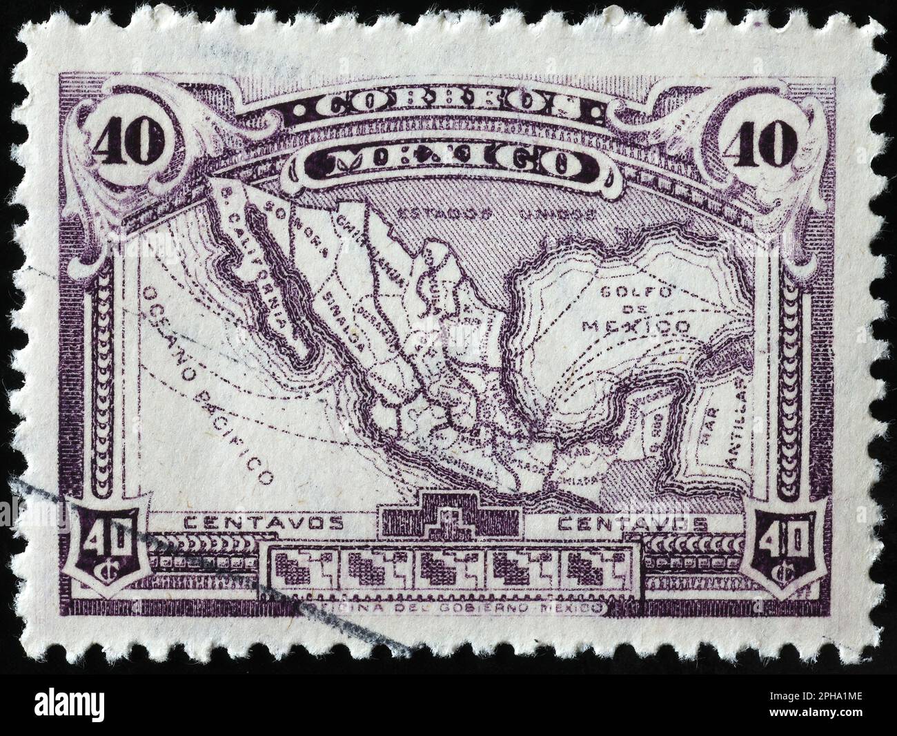 Antica mappa del Messico su francobollo vintage Foto Stock