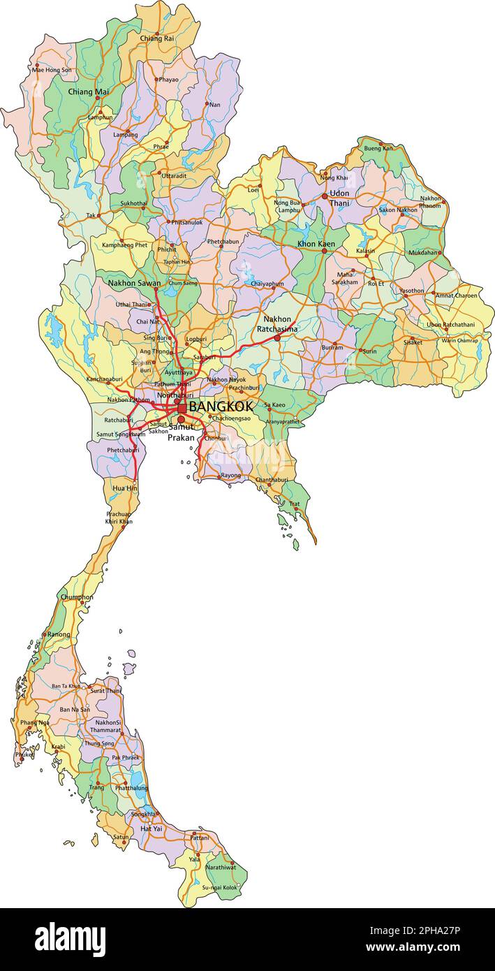 Thailandia - Mappa politica modificabile molto dettagliata con etichettatura. Illustrazione Vettoriale