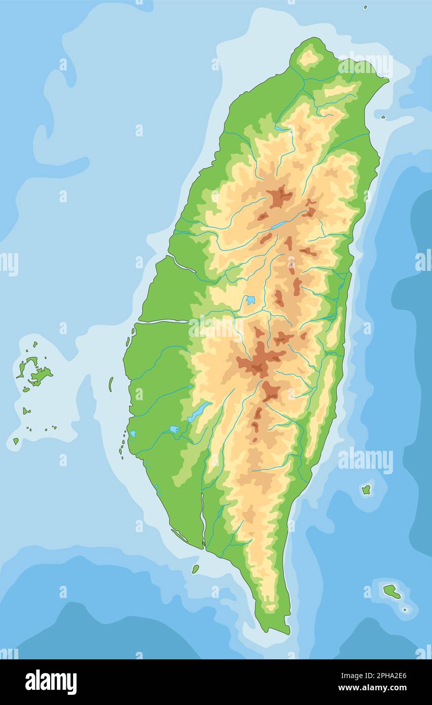 Mappa fisica di Taiwan molto dettagliata. Illustrazione Vettoriale