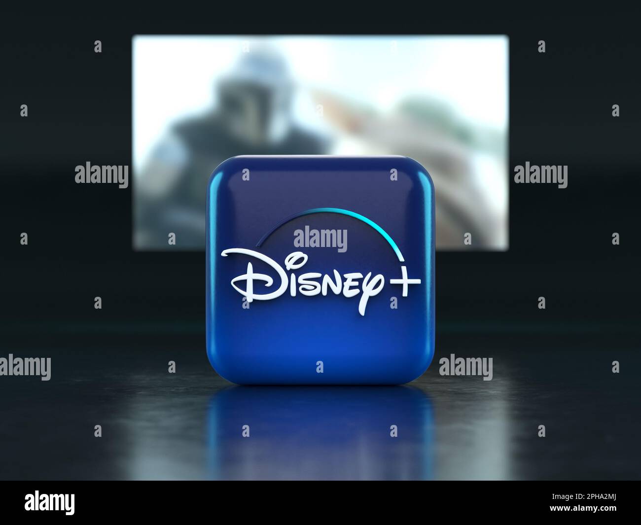 Valencia, Spagna - Marzo, 2023: Logo dell'app Disney Plus davanti a uno schermo TV, icona nell'illustrazione 3D. Disney Plus è un fornitore globale di streaming mo Foto Stock