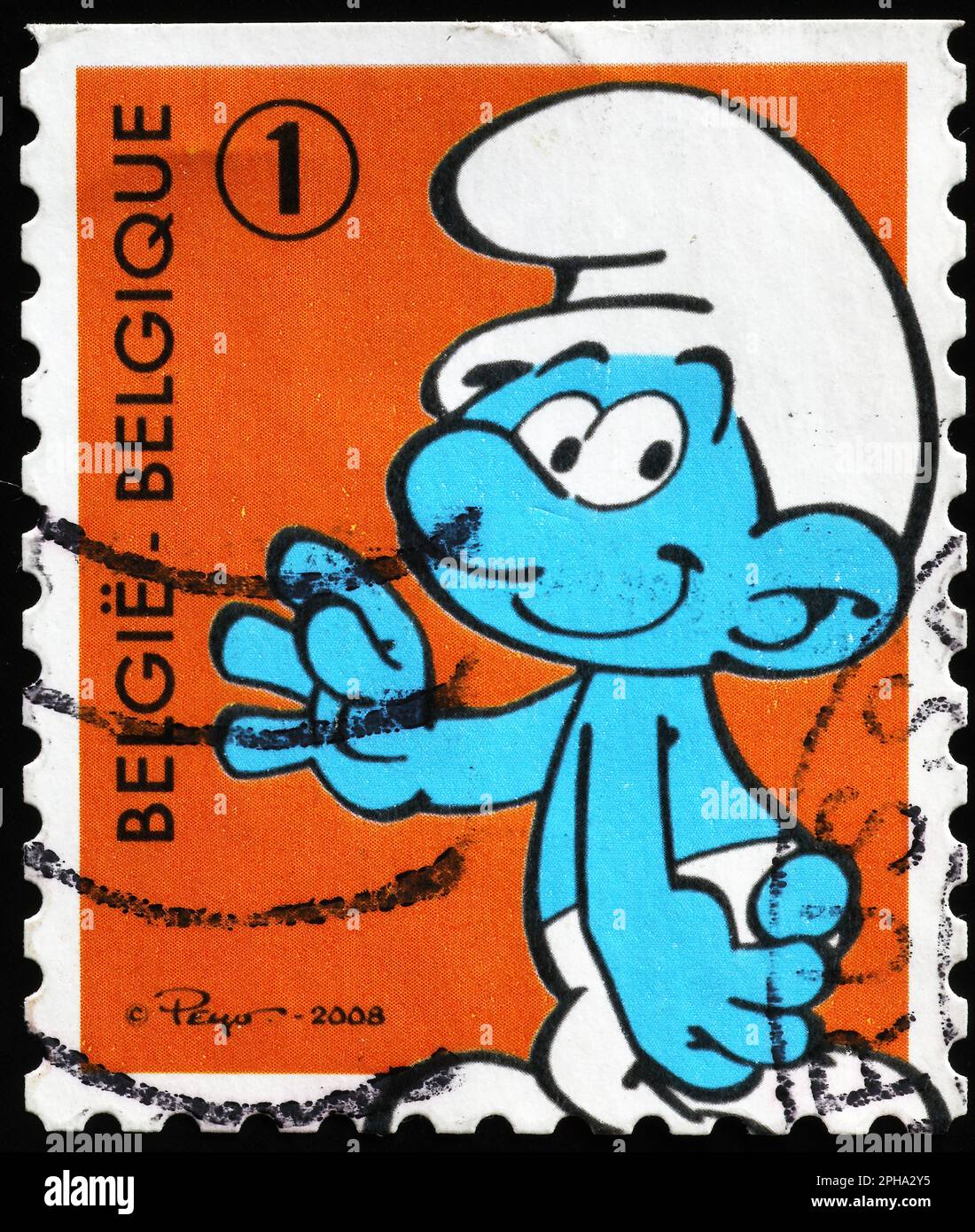 Cartoon Smurf saluto su francobollo belga Foto Stock