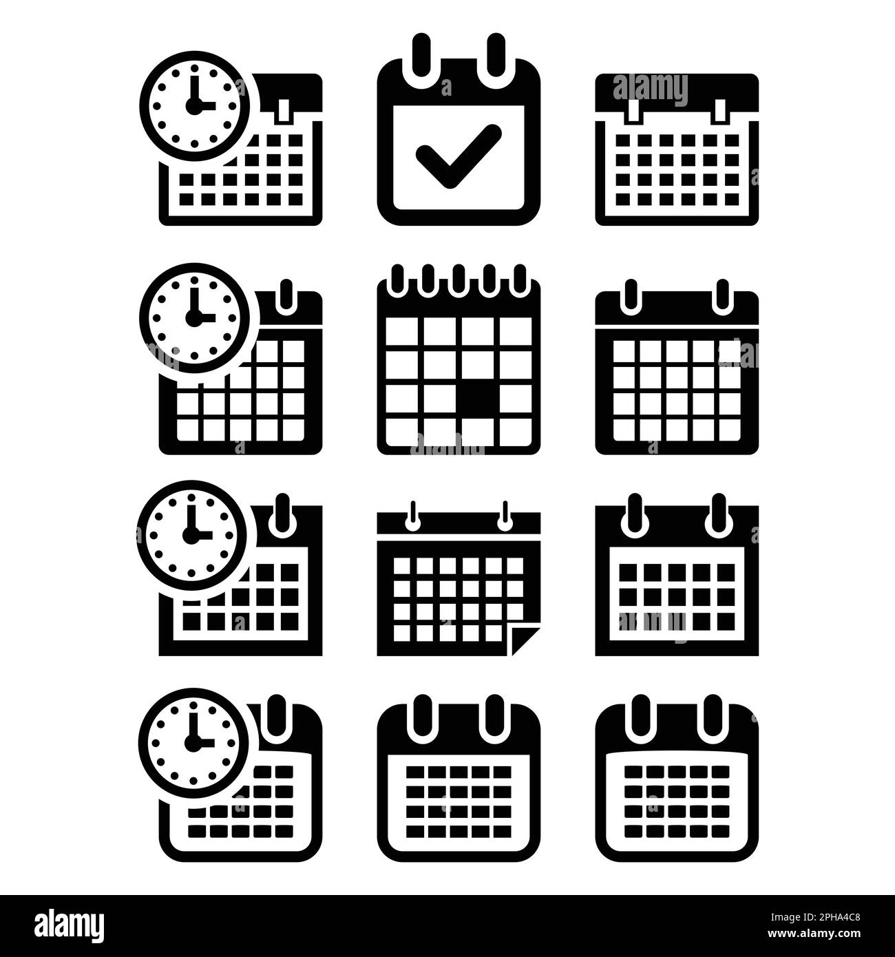 Icone del calendario impostate. Illustrazione vettoriale in nero su sfondo bianco. Illustrazione Vettoriale