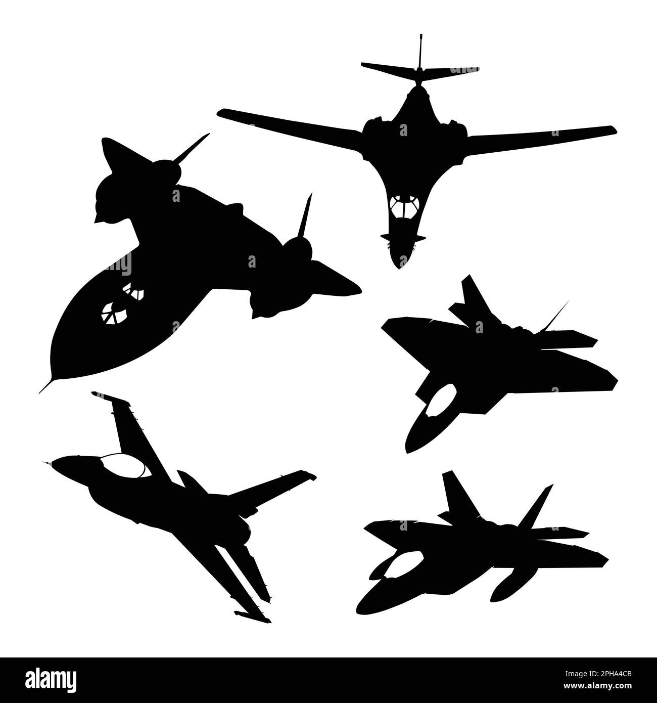 Set di silhouette di velivoli militari su sfondo bianco. Illustrazione vettoriale Illustrazione Vettoriale