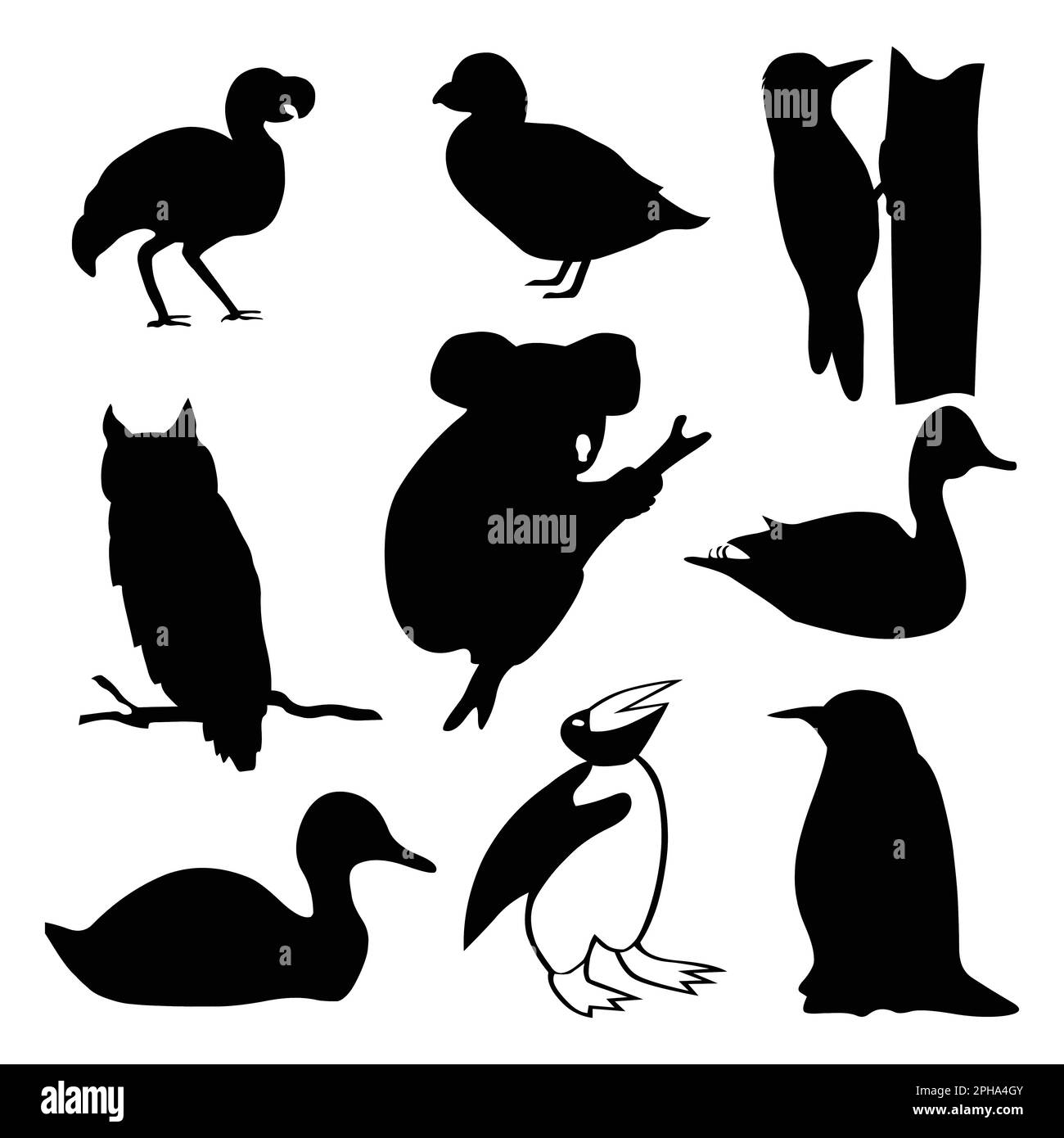 Set vettoriale di silhouette nere di uccelli diversi su sfondo bianco Illustrazione Vettoriale
