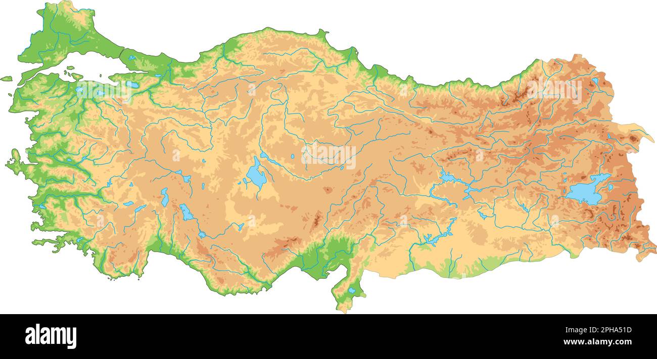 Mappa fisica della Turchia ad alto dettaglio. Illustrazione Vettoriale