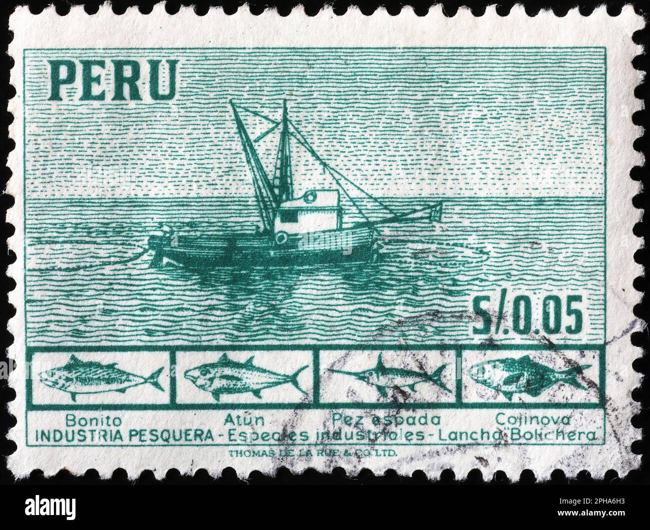 Industria della pesca peruviana celebrata su francobollo vintage Foto Stock