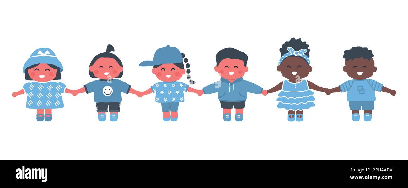 bambini che tengono le mani. Gruppo multirazziale di bambine e bambini. Simpatici personaggi dei cartoni animati. Illustrazione vettoriale Illustrazione Vettoriale