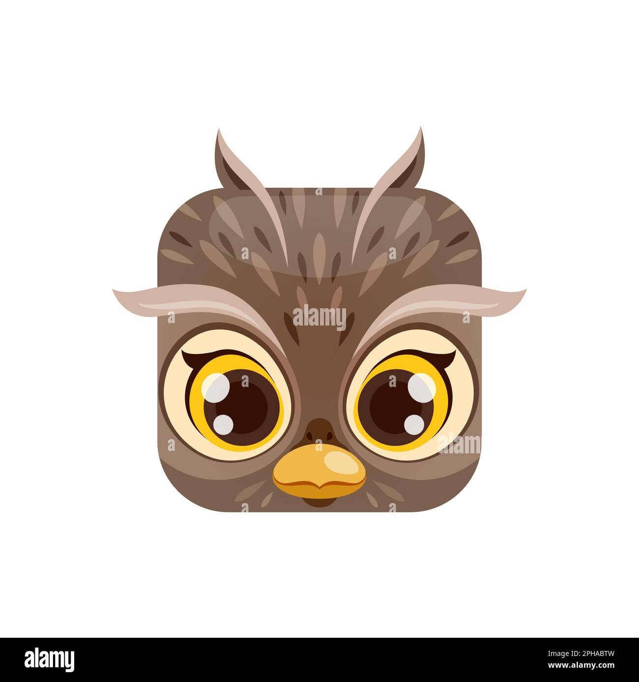 OWL cartone animato kawaii faccia quadrata animale, isolato vettore foresta uccello carattere ritratto con grandi occhi rotondi. Pulsante app, icona, elemento grafico Illustrazione Vettoriale