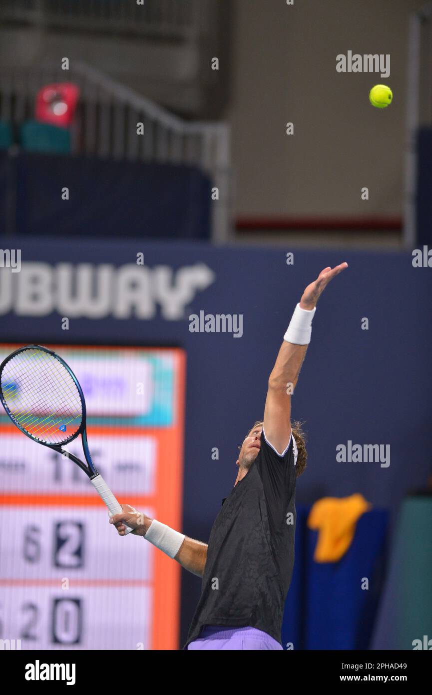 Miami Gardens, Stati Uniti. 24th Mar, 2023. MIAMI GARDENS, FLORIDA - 24 MARZO: Casper Ruud (NOR) vs. Ilya Ivashka durante il Miami Open presentato da Itaú match all'Hard Rock Stadium il 24 marzo 2023 a Miami Gardens, Florida. (Foto di JL/Sipa USA) Credit: Sipa USA/Alamy Live News Foto Stock