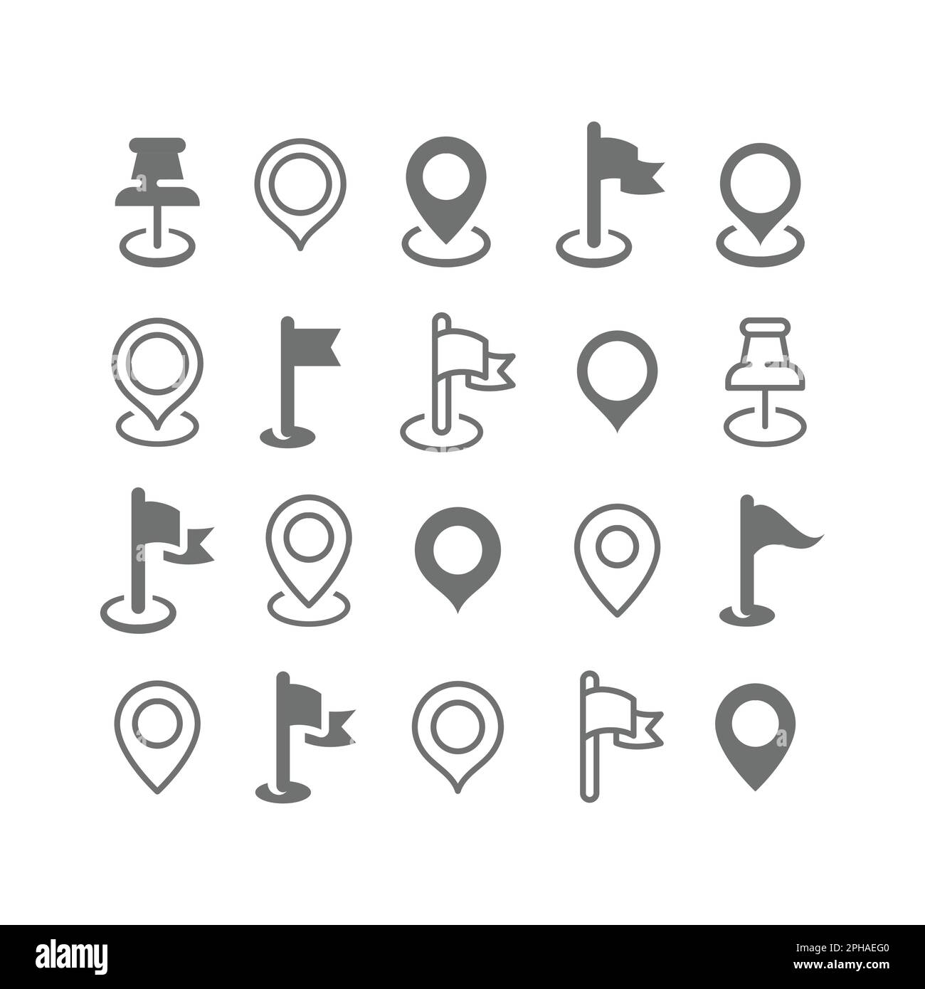 Posizione, puntina della mappa, linea di segnalazione e set di icone del vettore di riempimento. Indicatori di posizione e marcatori e icone puntine. Illustrazione Vettoriale