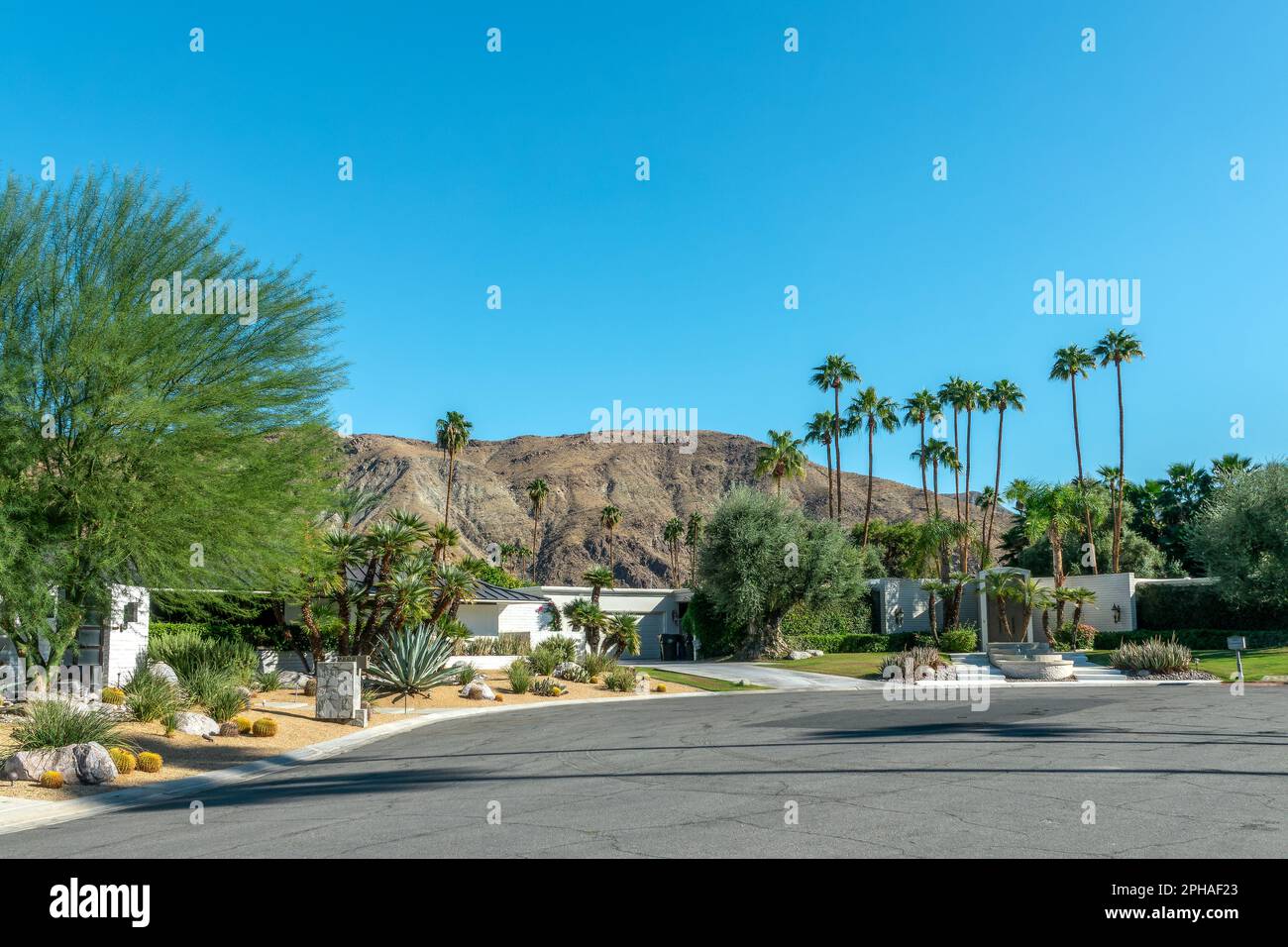 La moderna metà del secolo ospita l'architettura e le palme a Palm Springs, California Foto Stock