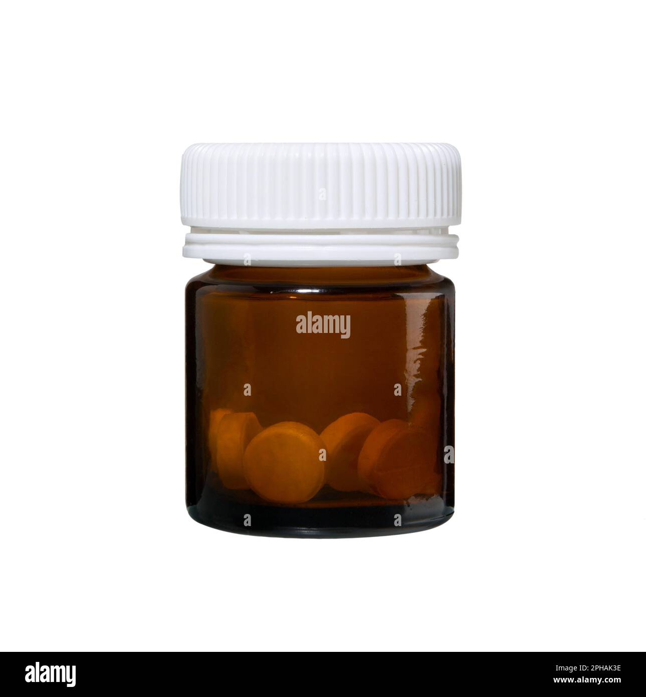 Flacone di medicinale in vetro marrone con compresse isolate su sfondo bianco Foto Stock