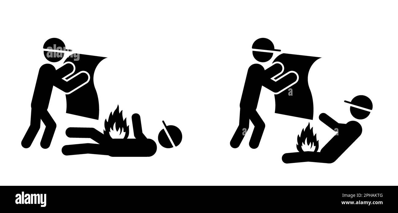Simbolo della coperta antincendio o della coperta estinguente. Uomo con fiamma di fuoco. Arrestare, non aprire il fuoco. evacuare il pittogramma o il segno e l'etichetta. Avvertenza, pericoloso Foto Stock