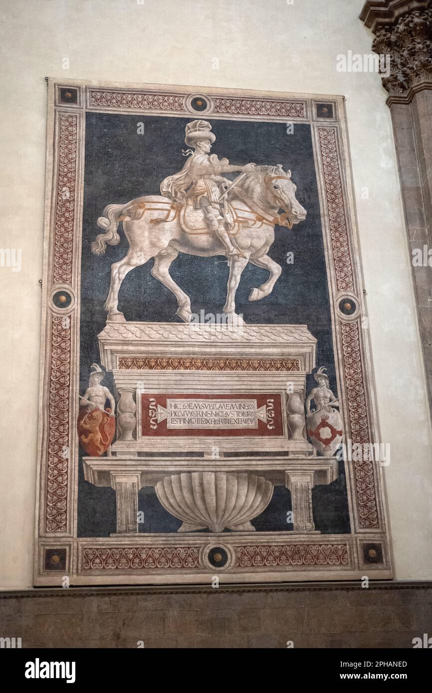 Monumento a Niccolo de Tortentino di Andrea del Castagno sulle mura del Duomo di Firenze Foto Stock