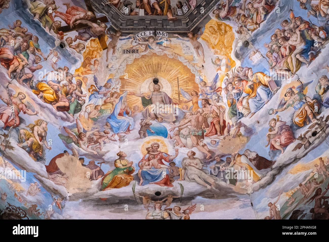 Anteriore della cupola di Brunellschi al Duomo di Firenze, dipinta da Vasari e Federico Zuccaro - Giudizio universale. Foto Stock