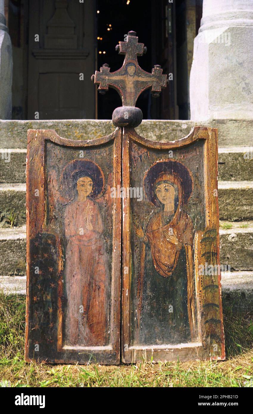 Alun, Contea di Hunedoara, Romania, 2003. Antica icona religiosa ortodossa cristiana dipinta a mano. Foto Stock