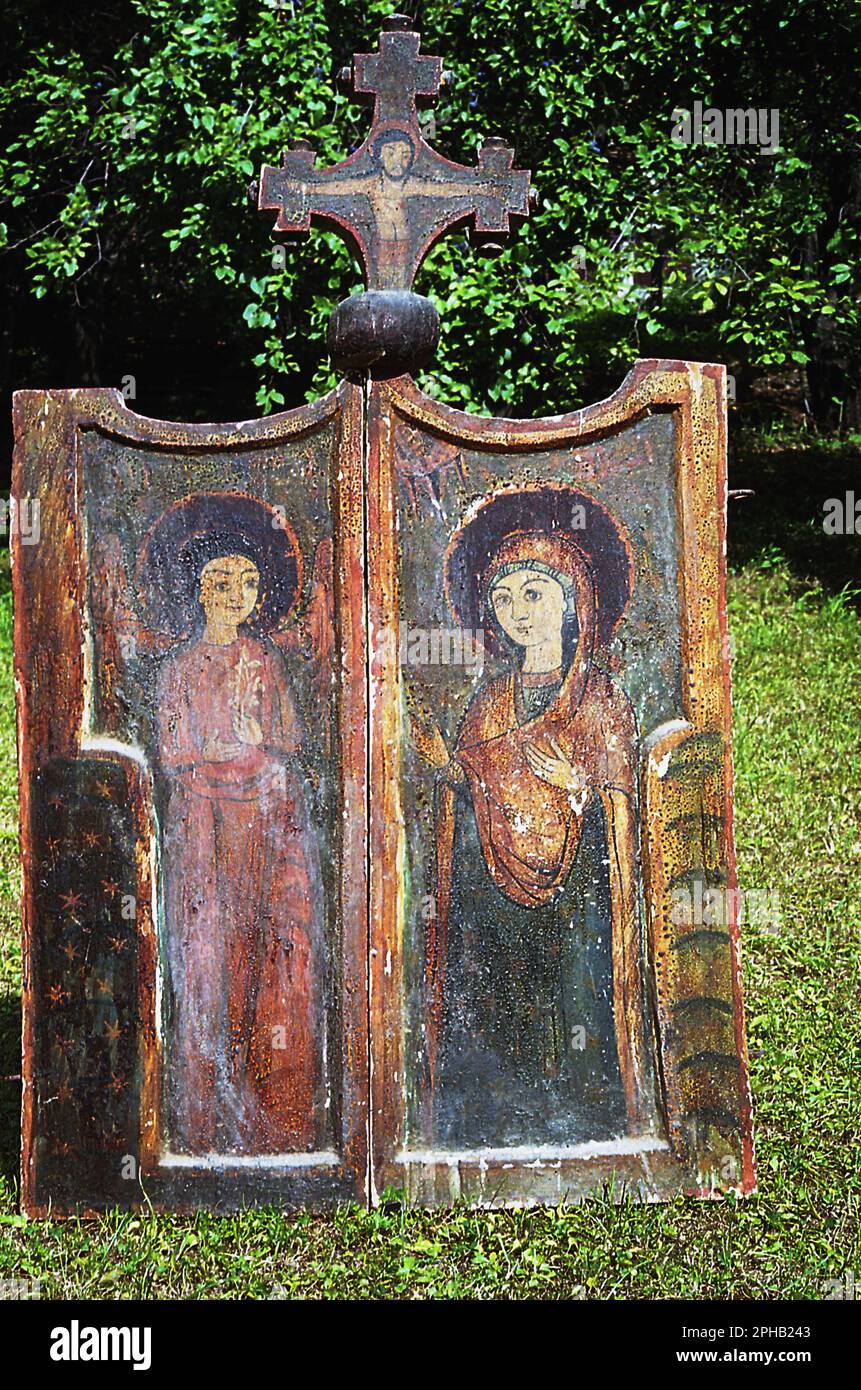 Alun, Contea di Hunedoara, Romania, 2003. Antica icona religiosa ortodossa cristiana dipinta a mano. Foto Stock