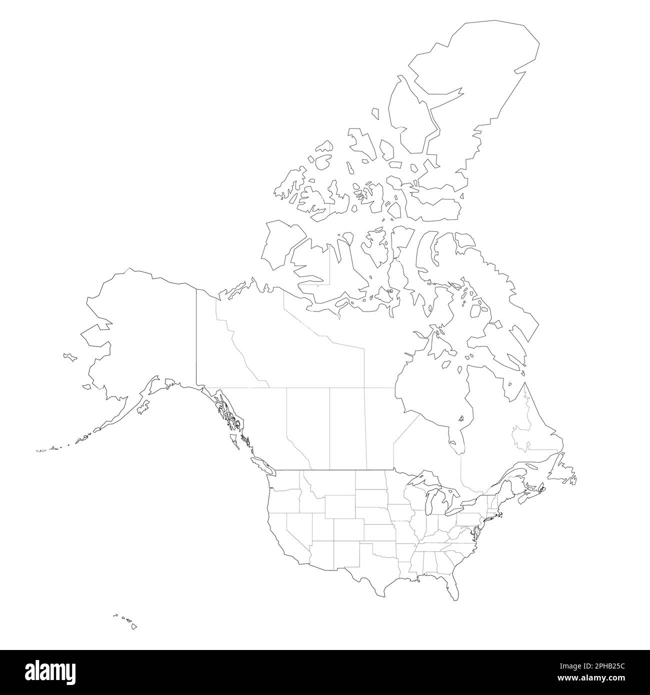 Mappa politica degli Stati Uniti e del Canada delle divisioni amministrative. Mappa vettoriale con contorno nero vuota Illustrazione Vettoriale