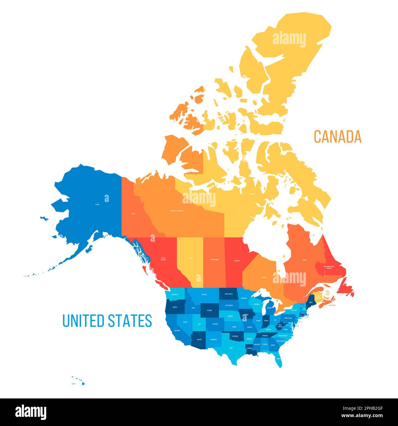 Mappa politica degli Stati Uniti e del Canada delle divisioni amministrative. Mappa vettoriale colorata con etichette. Illustrazione Vettoriale