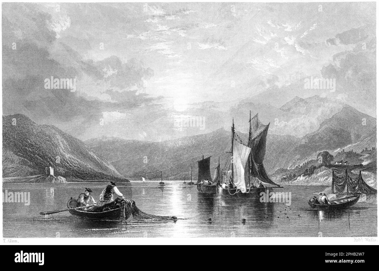 Incisione di Loch fine (Fyne), Scozia UK scansionata ad alta risoluzione da un libro stampato nel 1840. Si ritiene che questa immagine sia priva di tutti i diritti d'autore. Foto Stock