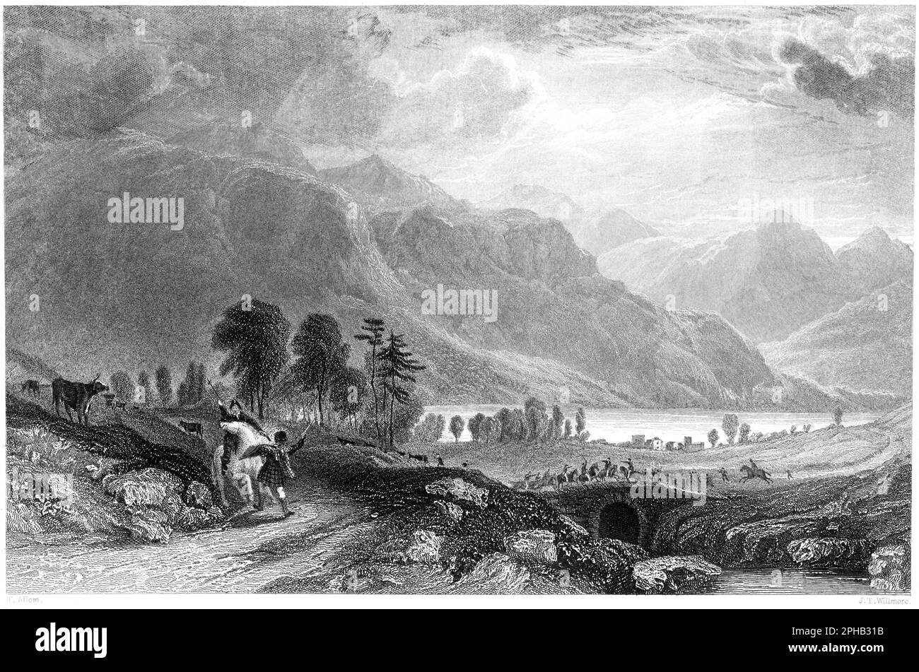 Un'incisione di Loch Long, di Glencoe (Glen Croe), Argyleshire, Scozia UK, scansionata ad alta risoluzione da un libro stampato nel 1840. Foto Stock